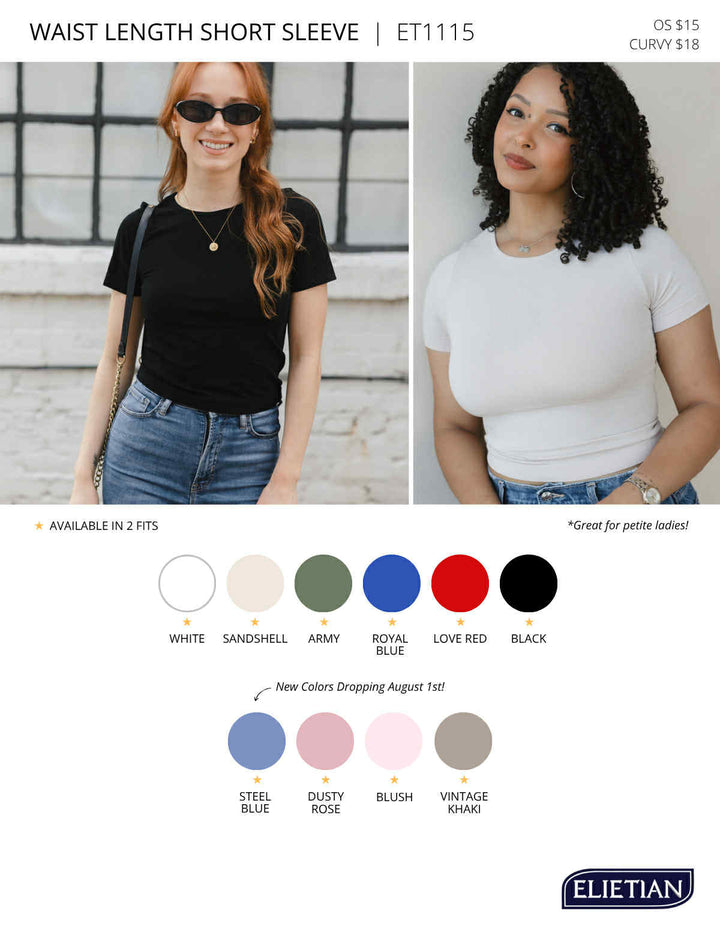 Short Sleeve Waist Length Top - 10 Color Options