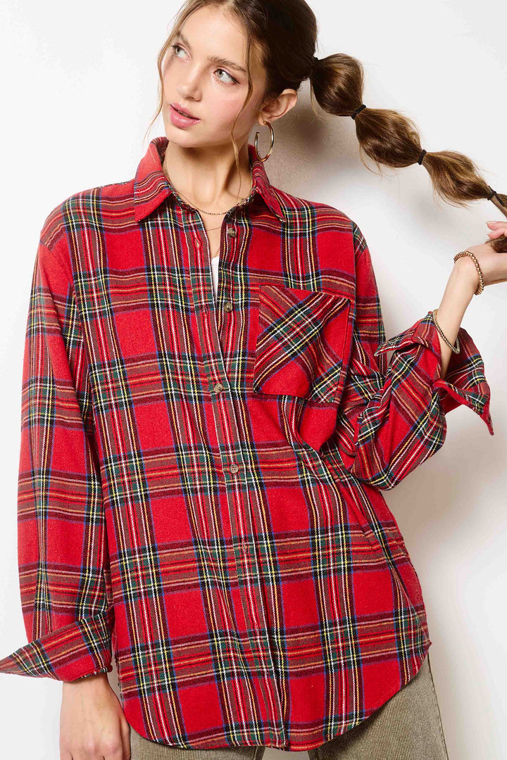 SRT7807-Soft Fabric Plaid Loose Fit Button Down Shirt