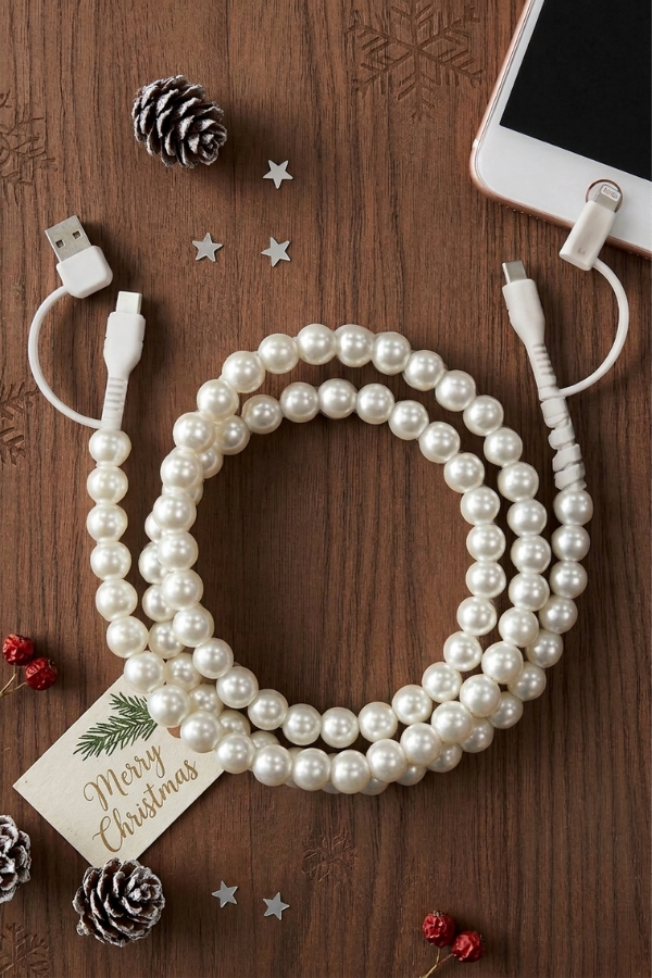 White Pearl Beaded Charging Cord
