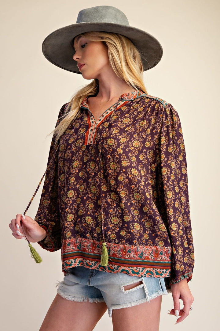Border Printed Blouse-Charcoal