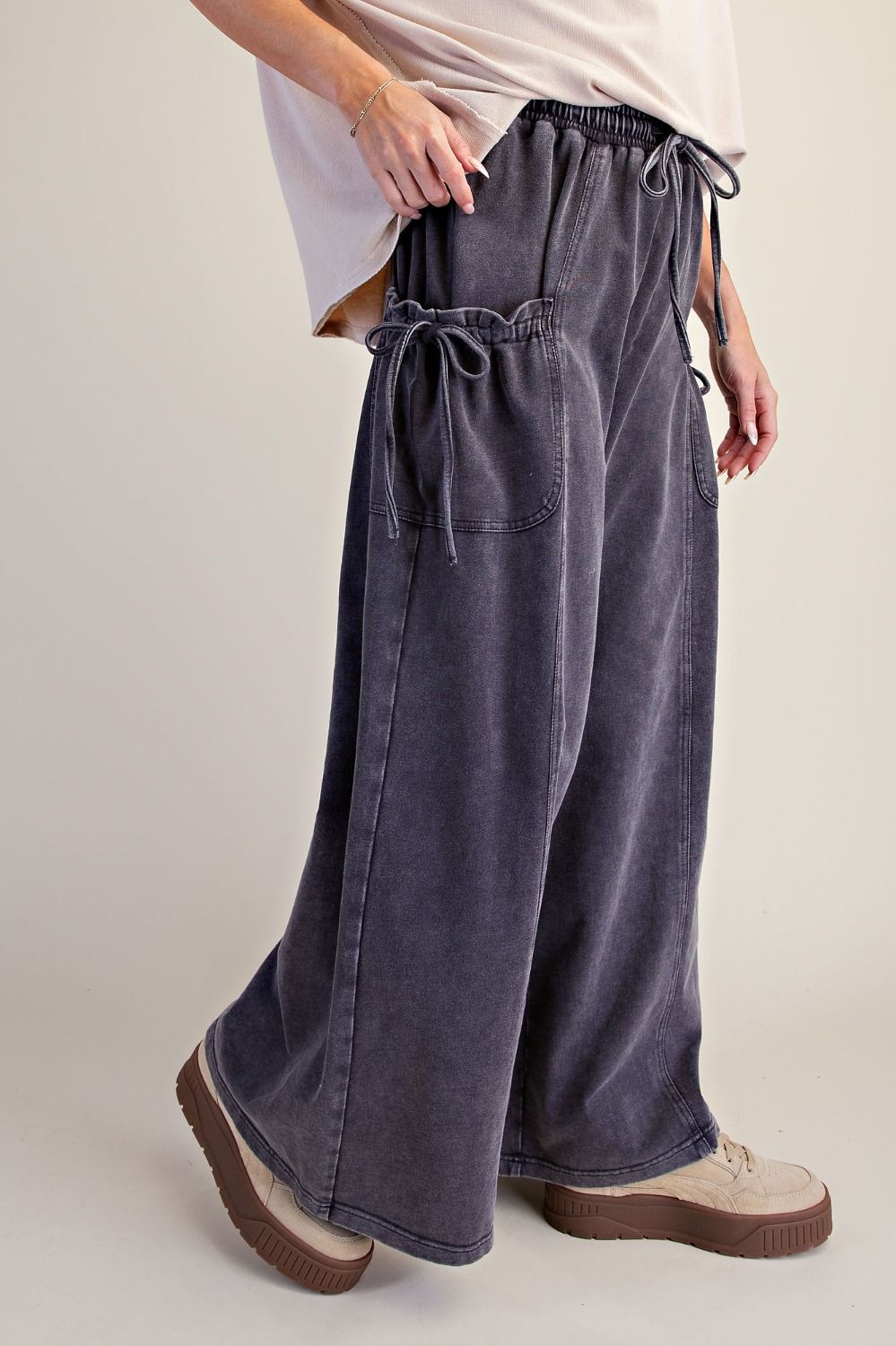 Mineral Washed Terry Knit Pants with Tie Pocket Detail-Ash