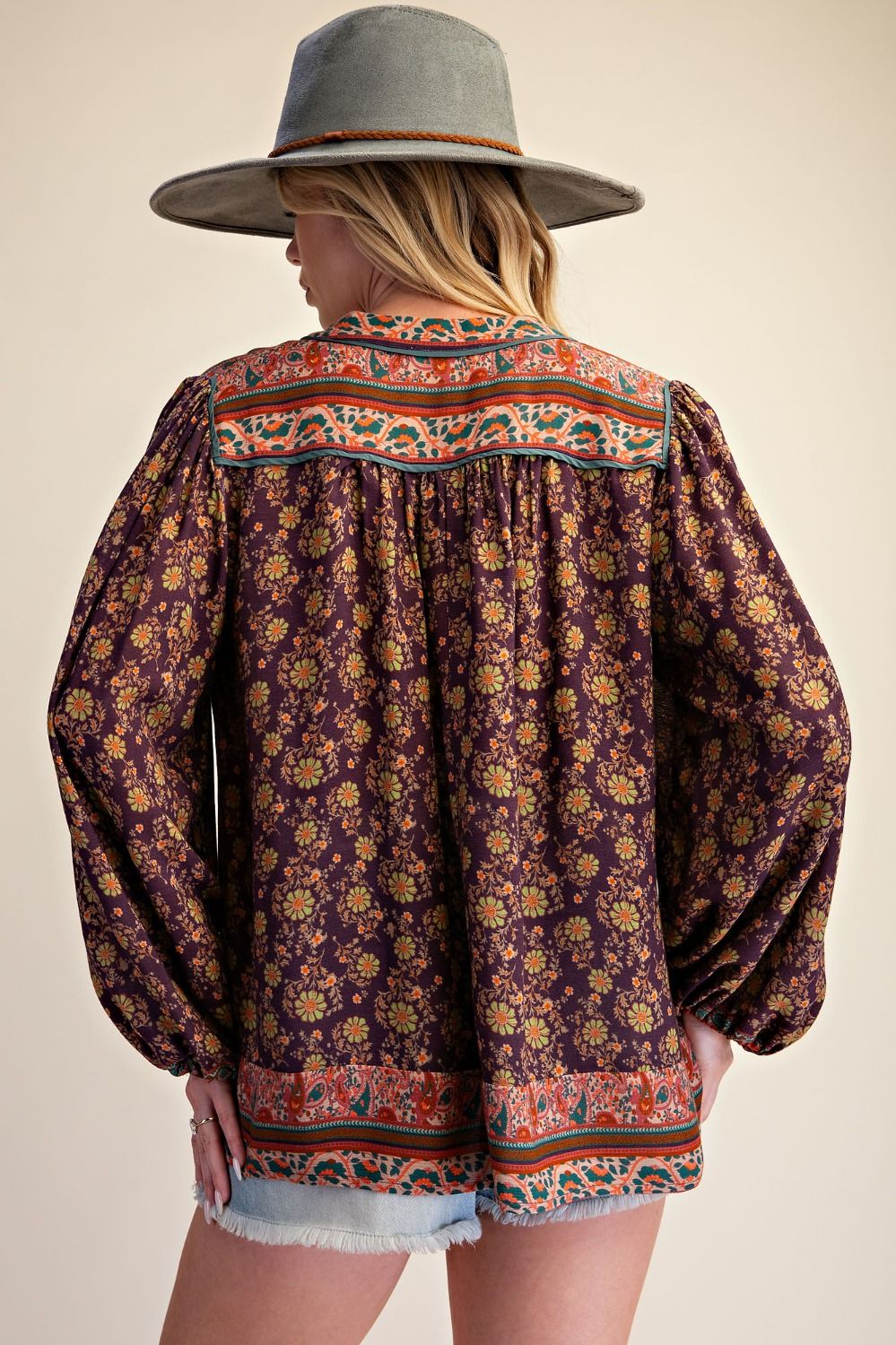 Border Printed Blouse-Charcoal