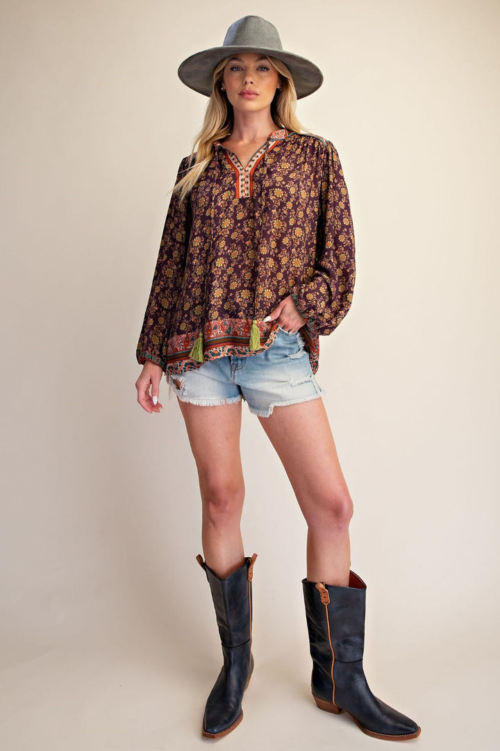 Border Printed Blouse-Charcoal