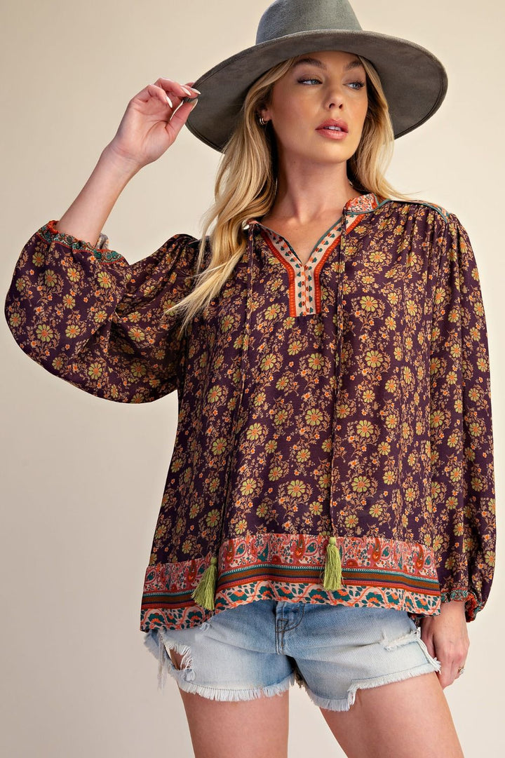 Border Printed Blouse-Charcoal