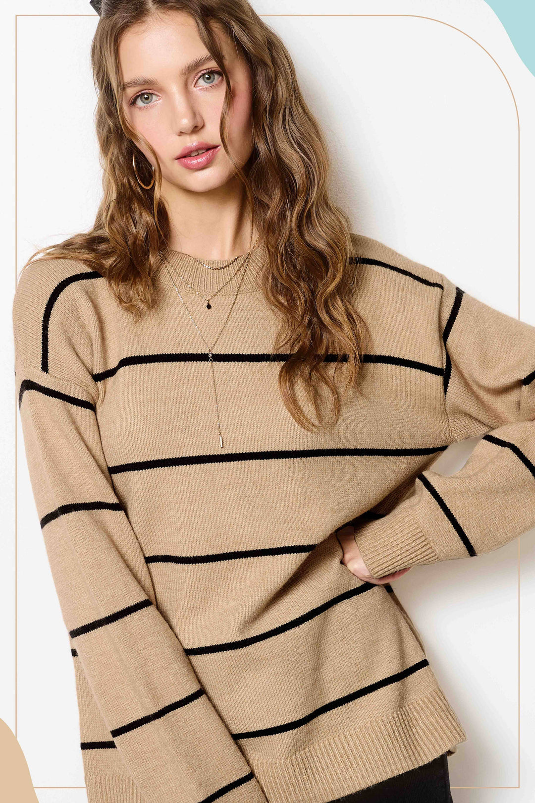 HCS3553-Stripe Long Sleeve Crew Mock Nneck Sweater Game Day