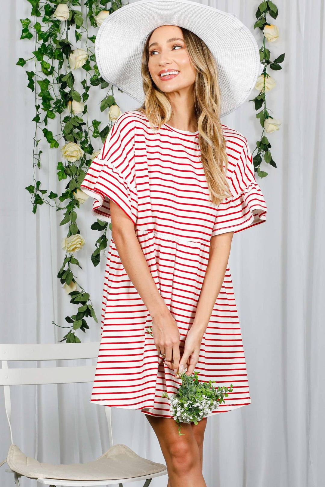 Striped Round Neck Baby Doll Cotton Dress-Red Stripe