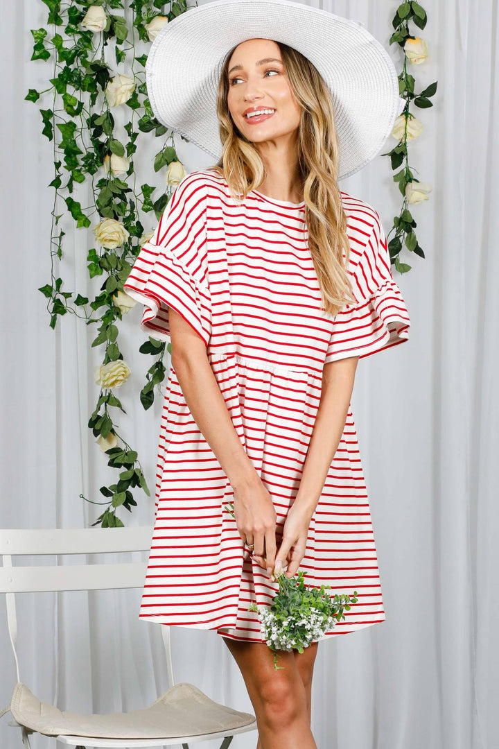 Striped Round Neck Baby Doll Cotton Dress-Red Stripe