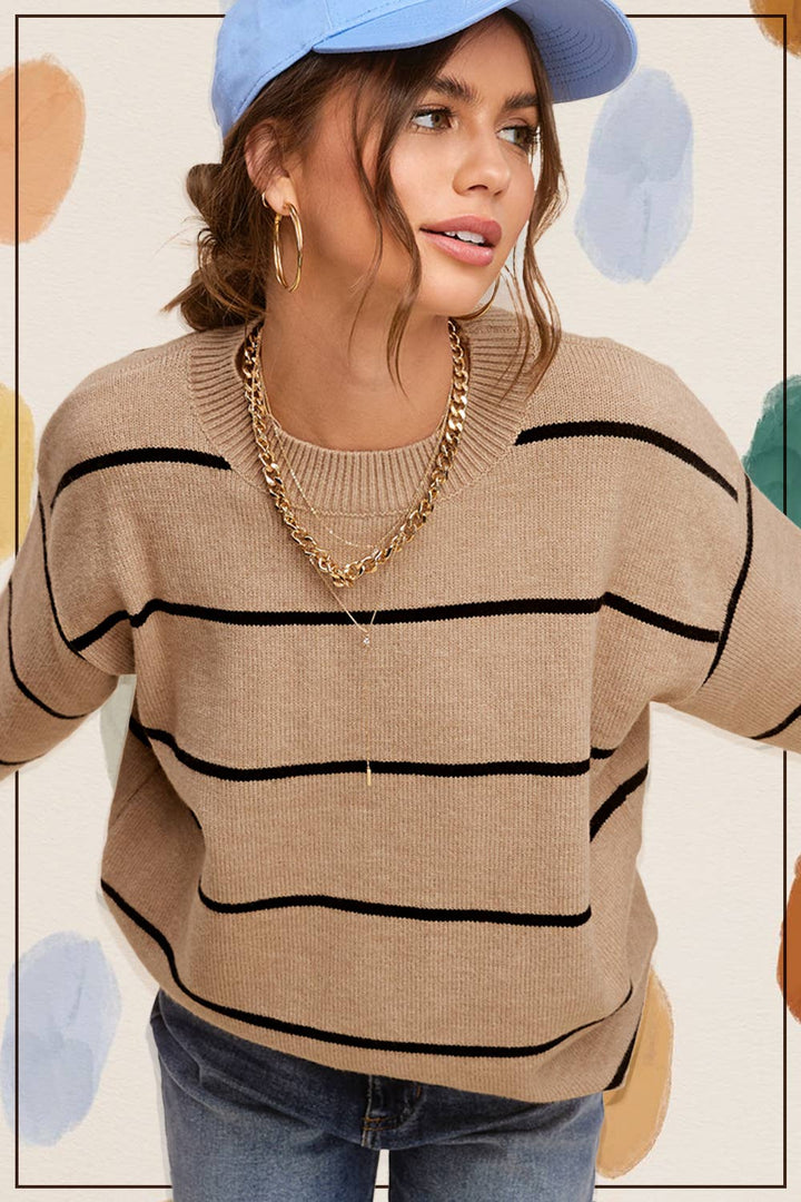 HCS3553-Stripe Long Sleeve Crew Mock Nneck Sweater Game Day