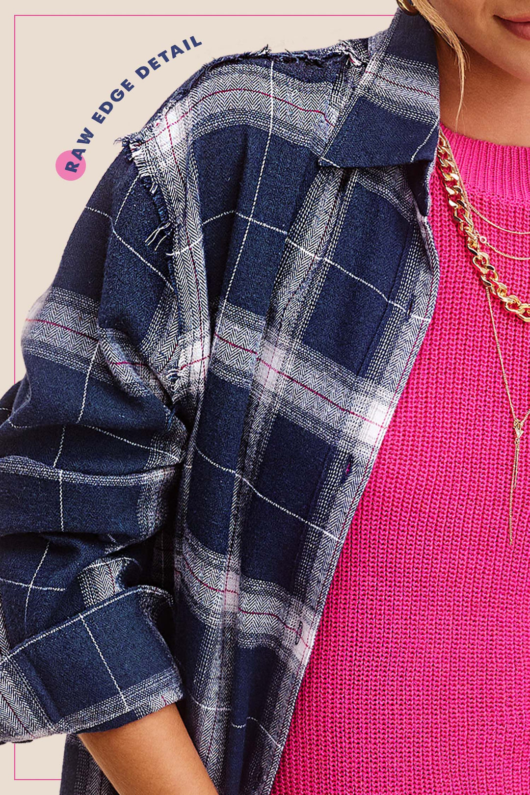 Cut Edge Detailed Plaid Loose Fit Button Down Shirt-Navy