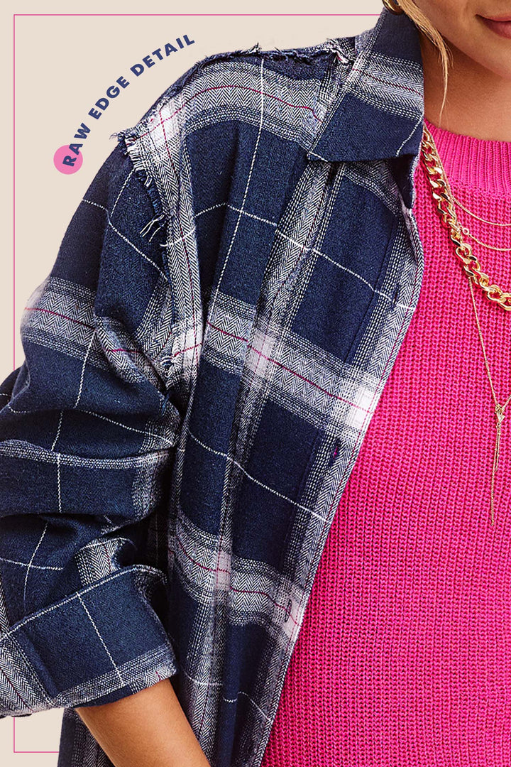 Cut Edge Detailed Plaid Loose Fit Button Down Shirt-Navy