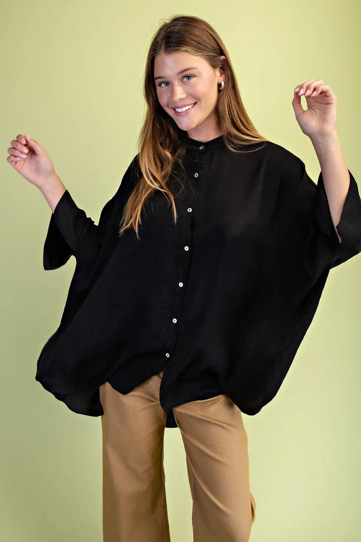 Washed Satin Button Down Loose Top-3  Color Options