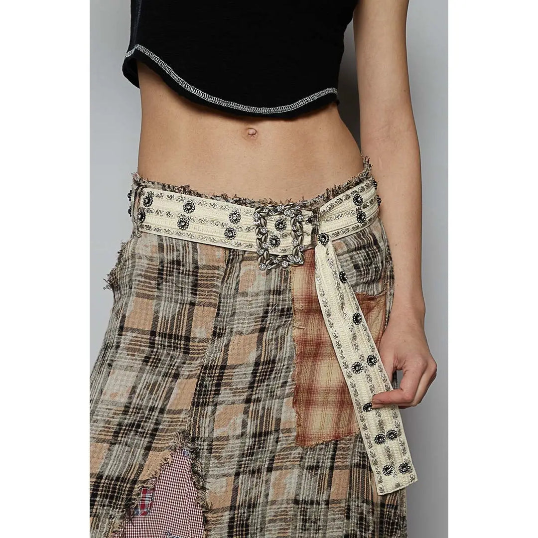 Square Ring Cream Belt with Pewter Stud Detail