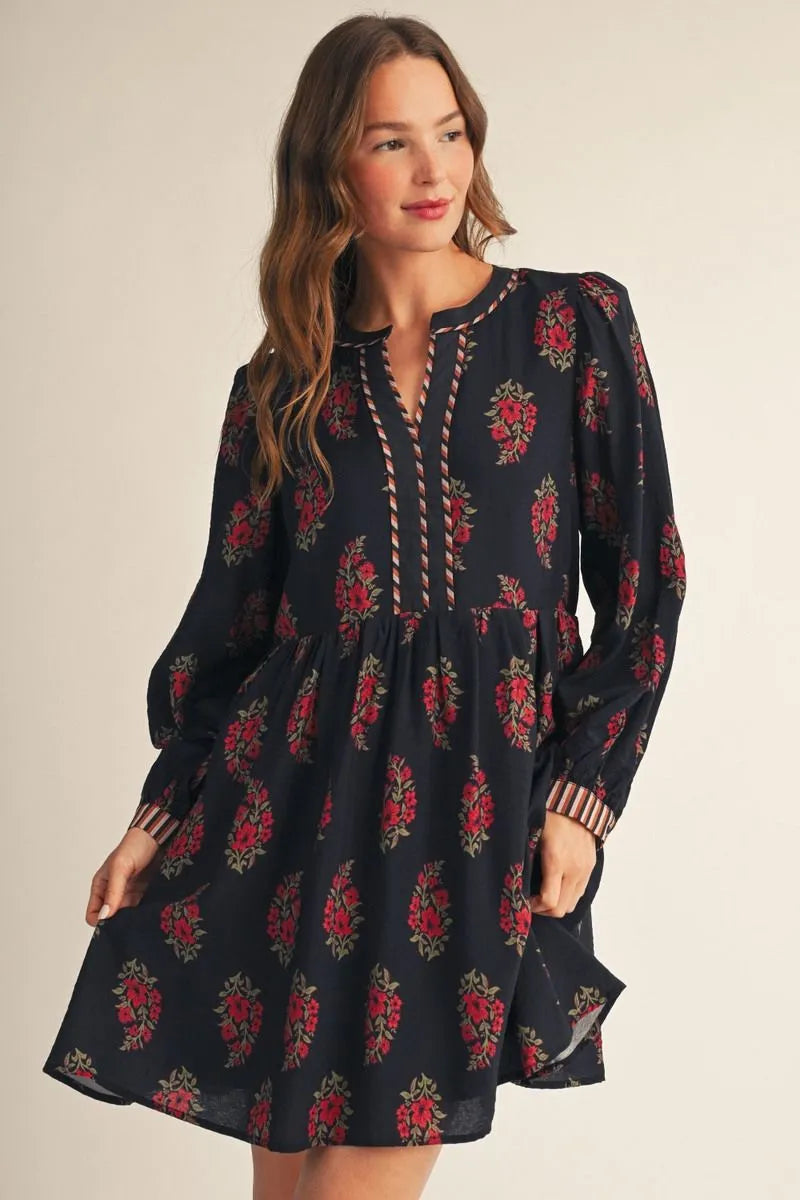 Puff Shoulder Floral Dress-Black