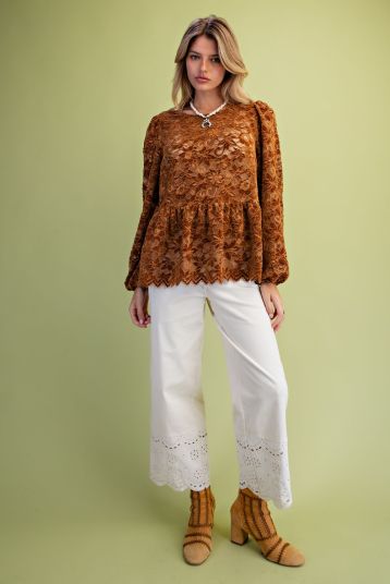Floral Lace Ruffle Top-Bronze