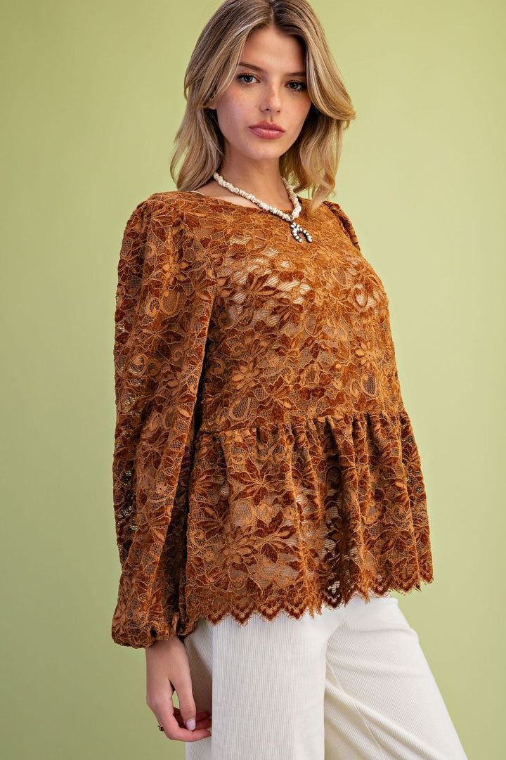Floral Lace Ruffle Top-Bronze