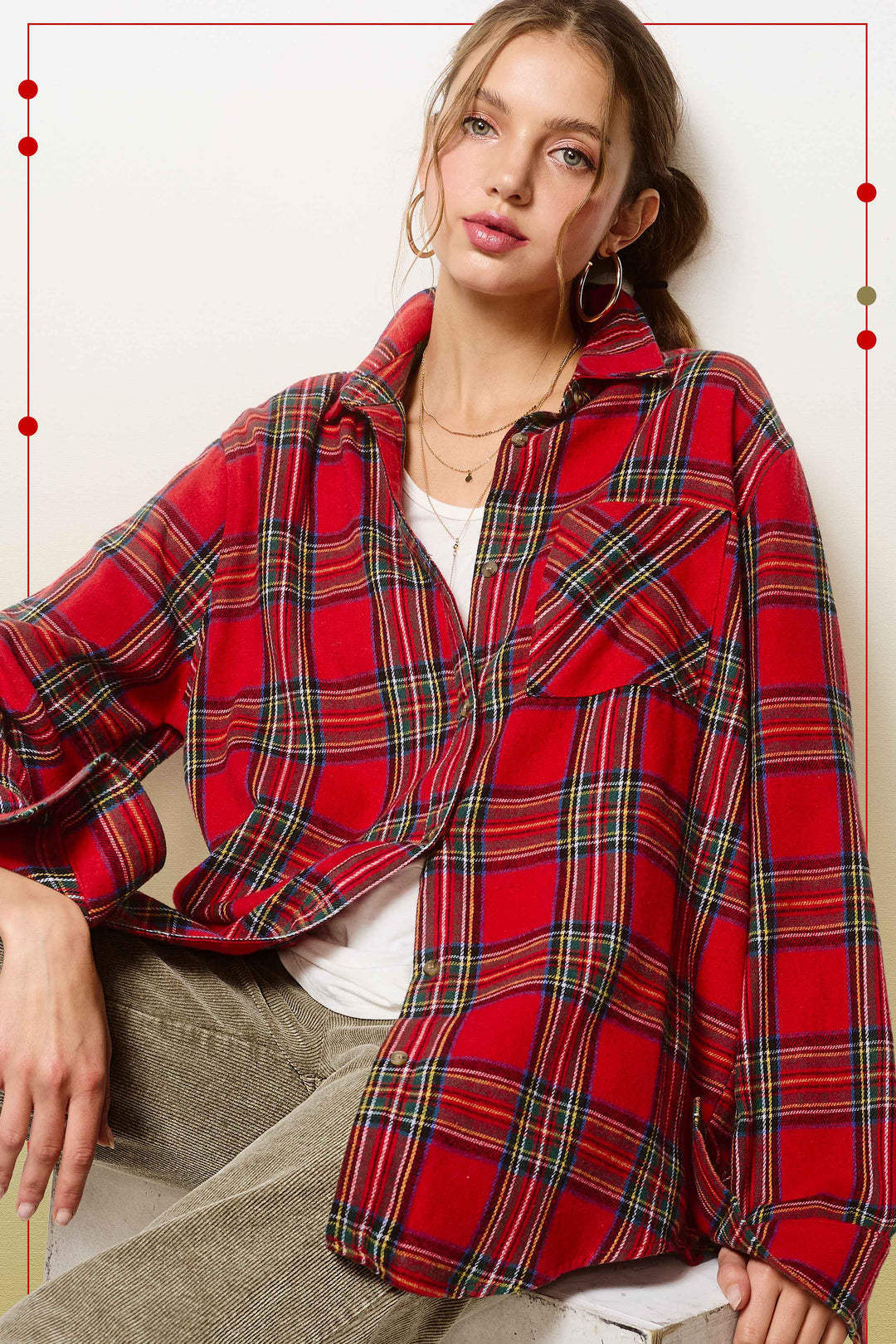 SRT7807-Soft Fabric Plaid Loose Fit Button Down Shirt