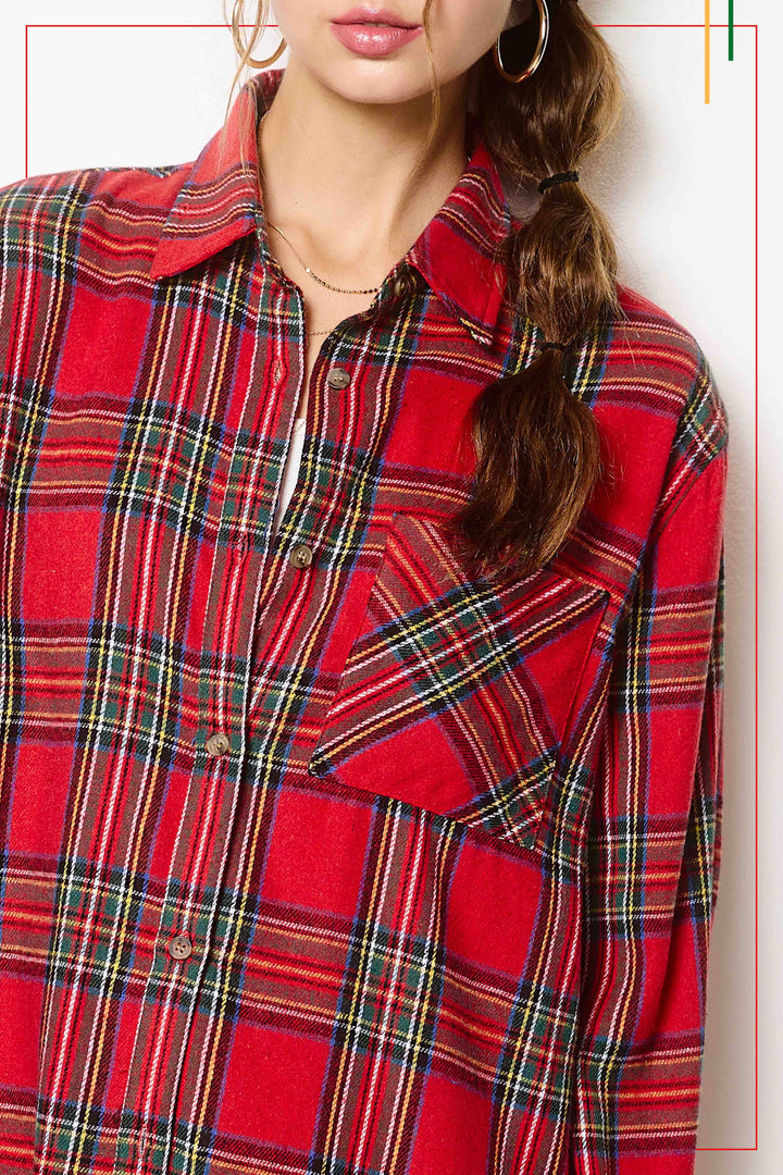 SRT7807-Soft Fabric Plaid Loose Fit Button Down Shirt
