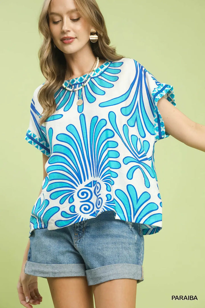 Boho Floral Print Short Sleeve Top-Blue