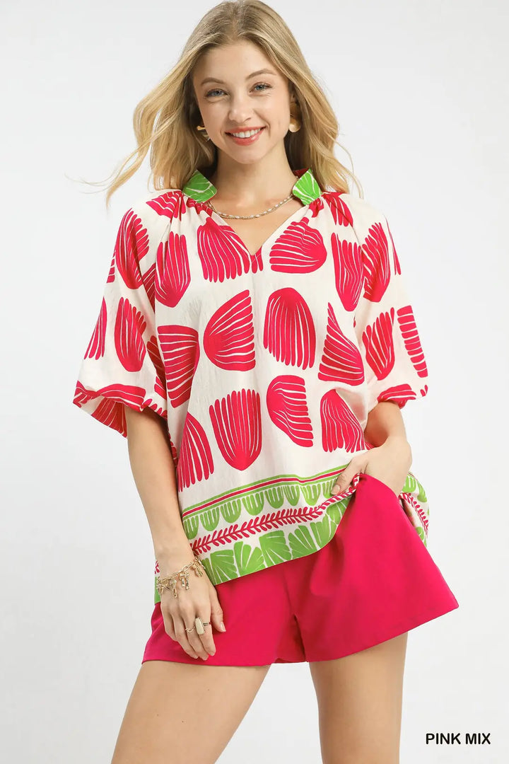 Border Print V Neck Blouse