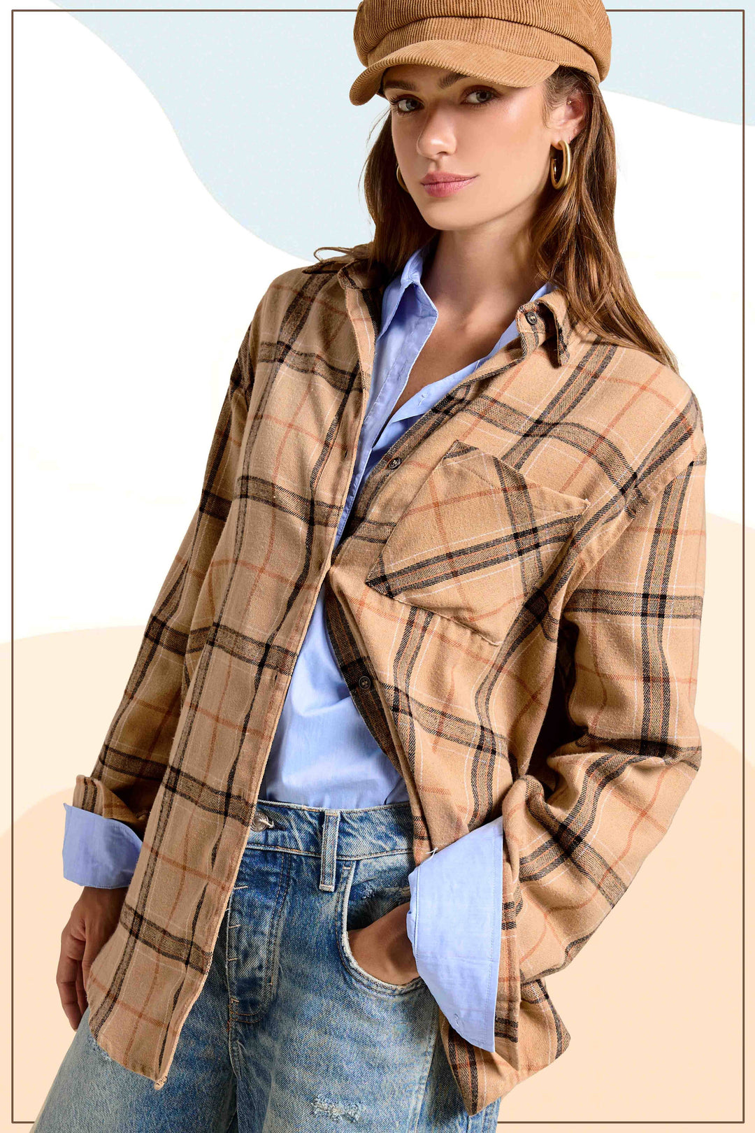 SRT1312-Soft Fabric Plaid Loose Fit Button Down Shirt-2 Color Options