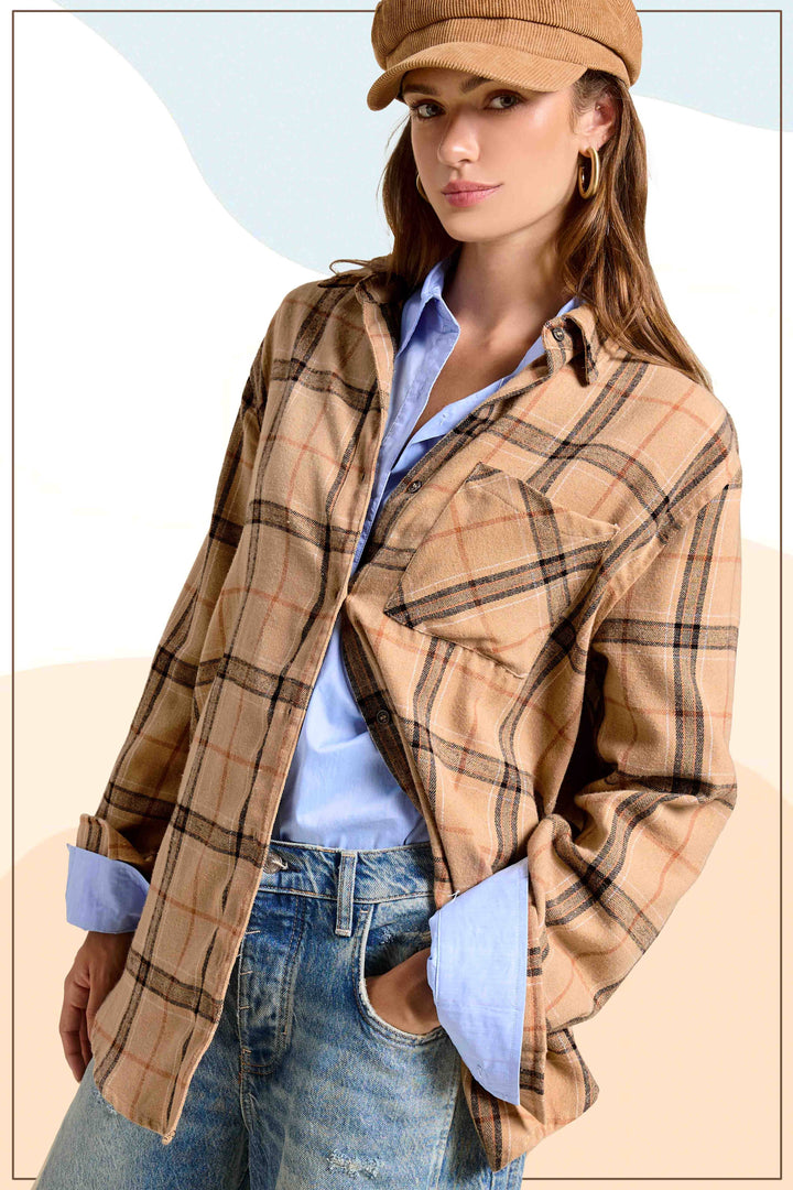 SRT1312-Soft Fabric Plaid Loose Fit Button Down Shirt-2 Color Options