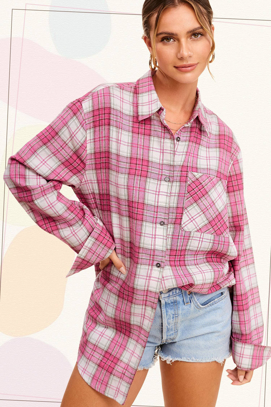 SRT1337-Soft Fabric Plaid Loose Fit Button Down Shirt