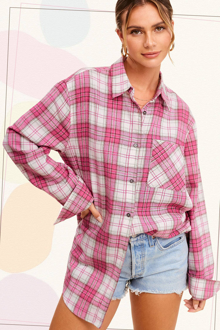 SRT1337-Soft Fabric Plaid Loose Fit Button Down Shirt