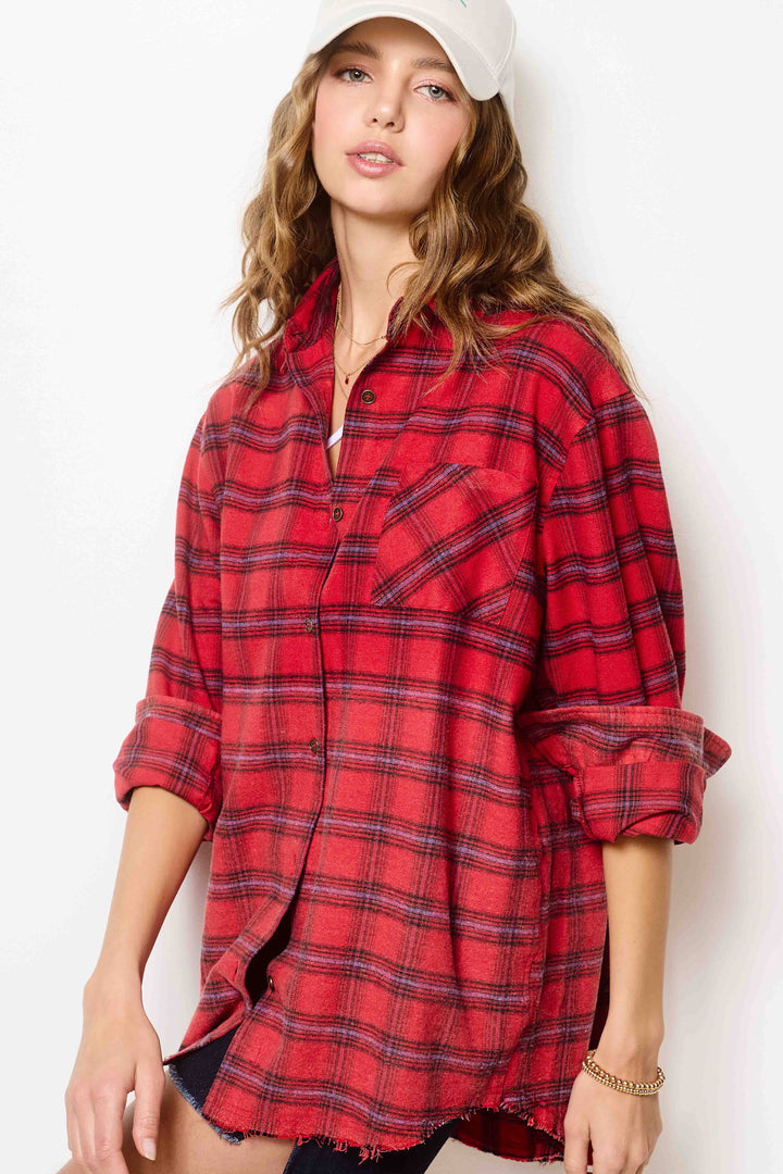 Red Button Down Two-Tone Washed Plaid Shirts