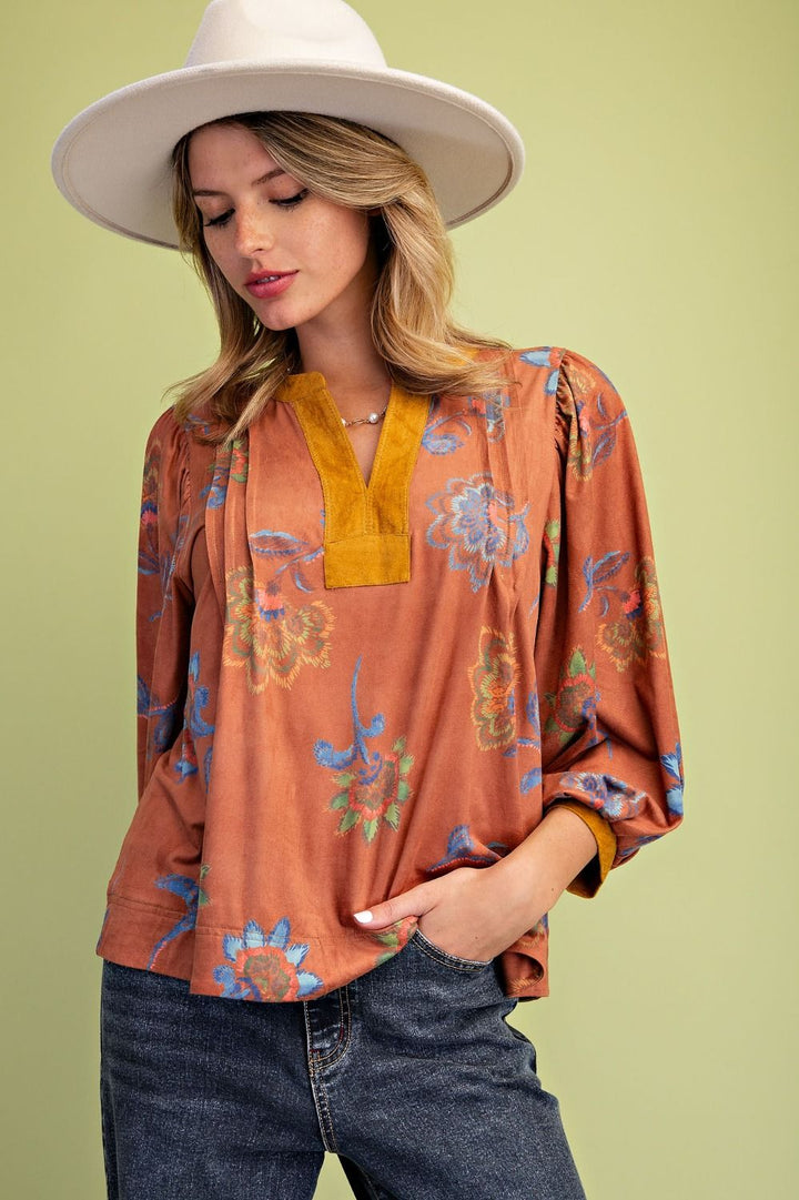 Floral Print Suede Blouse-Camel
