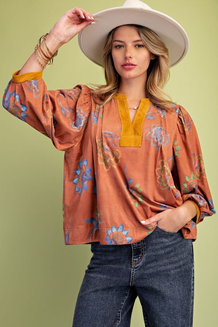 Floral Print Suede Blouse-Camel
