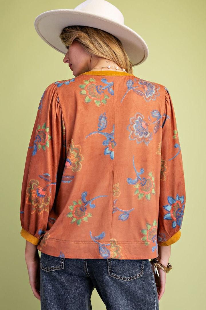 Floral Print Suede Blouse-Camel