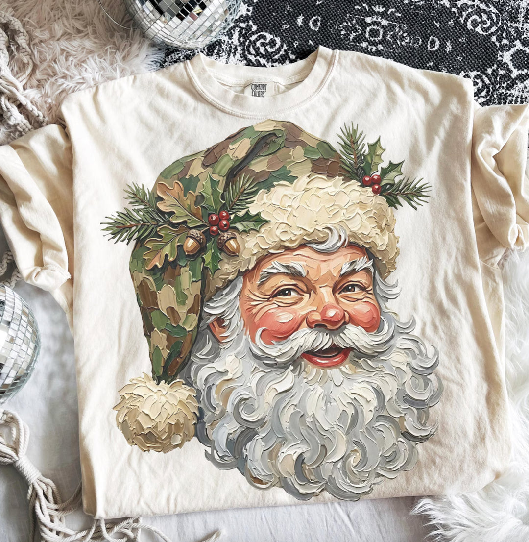 Camo Hat Santa Sweatshirt-Ivory
