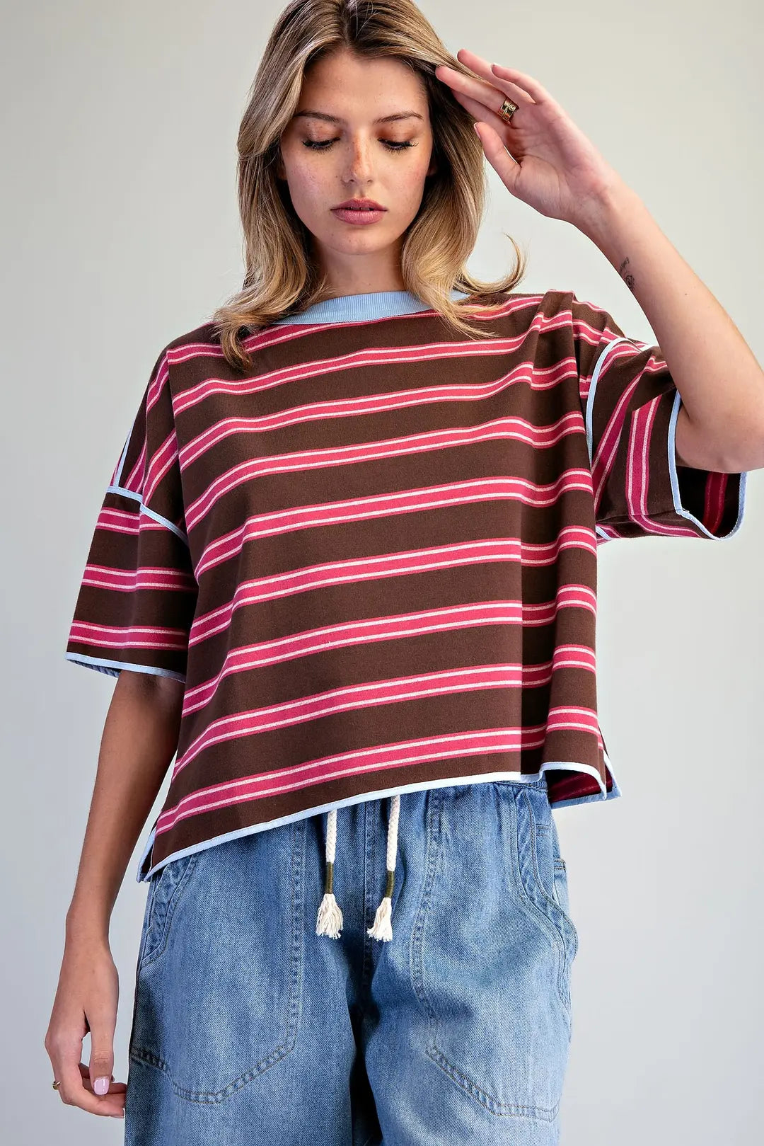 Soft Wash Striped Boxy Top-Mint Chocolate