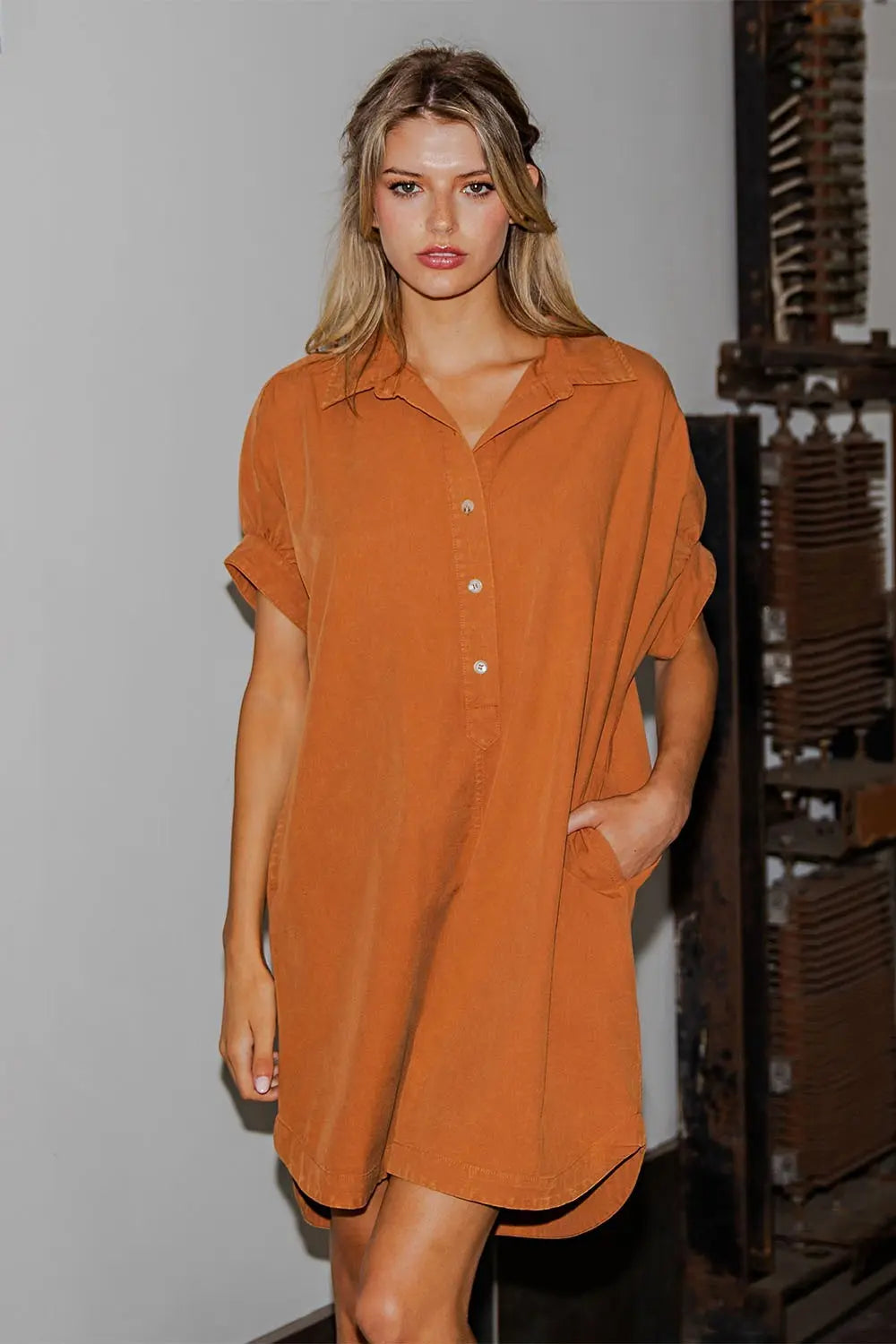 Mineral Wash Shirt Dress-Clay