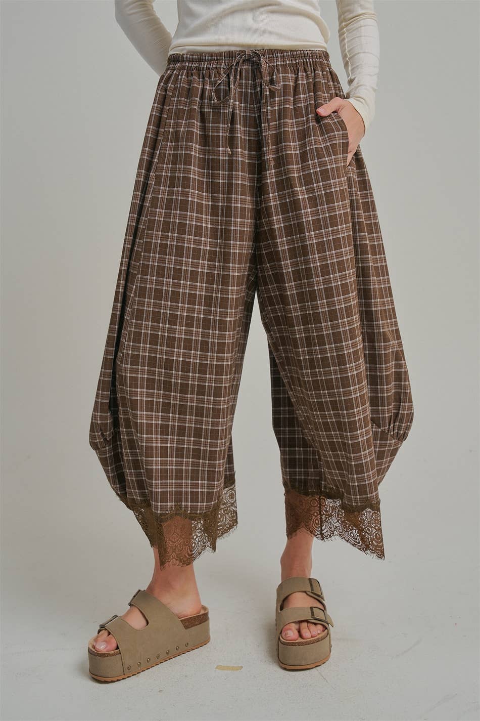 FLOWY FALL CHECK PLAID WIDE BALLOON LEG PANTS-Brown Check-Arrives first of October