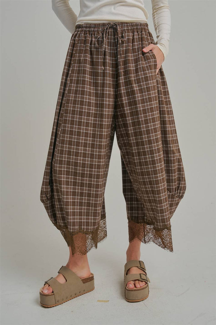 FLOWY FALL CHECK PLAID WIDE BALLOON LEG PANTS-Brown Check-Arrives first of October