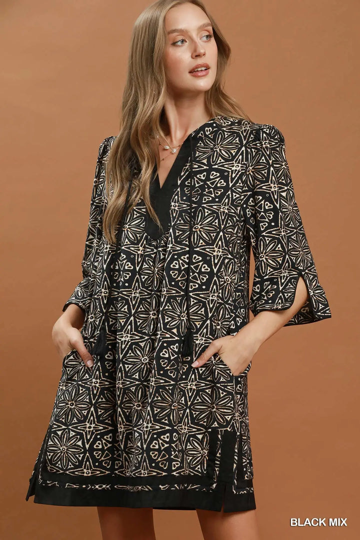 Mix Print Geometric Dress-Black