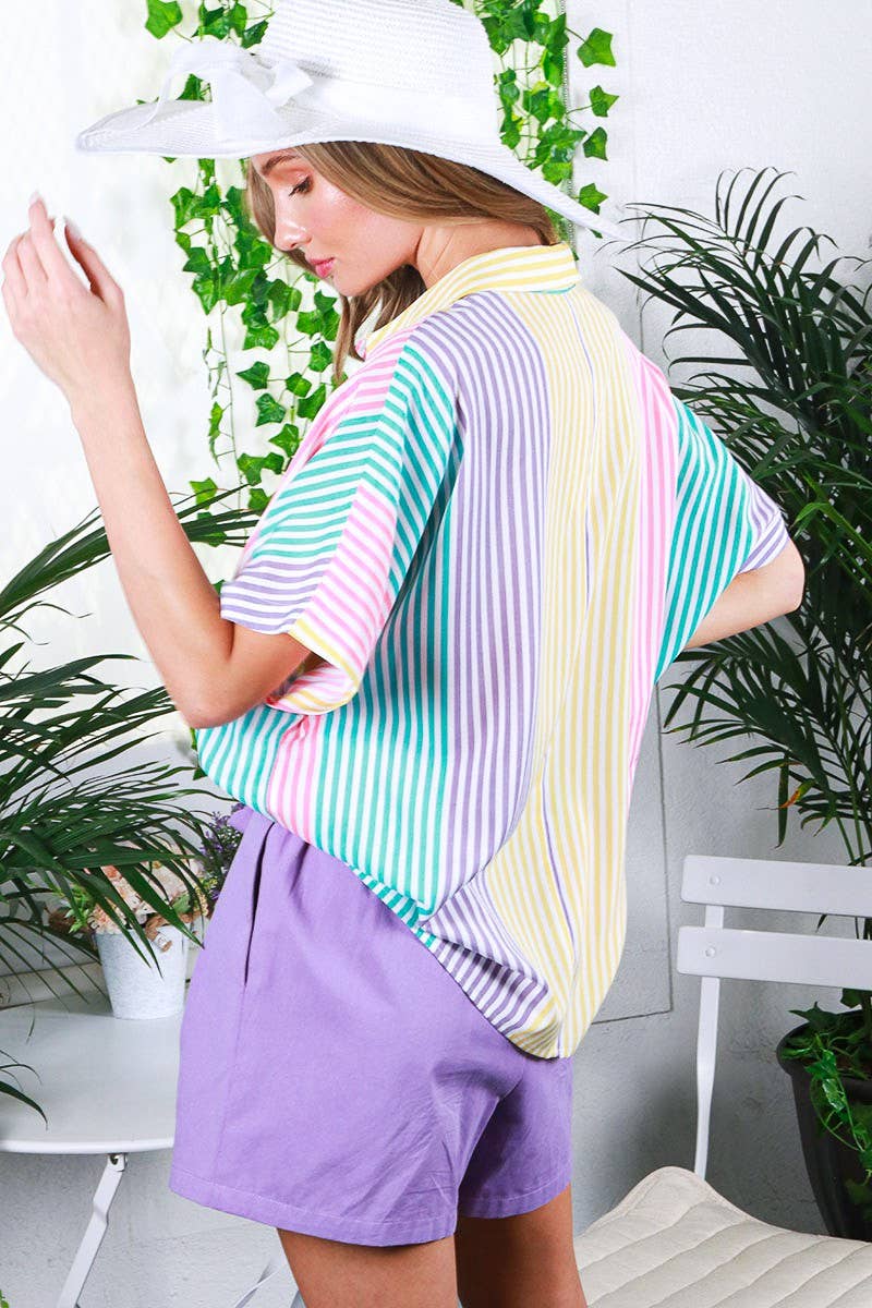Collared Neck Short Sleeve-Multi-Striped