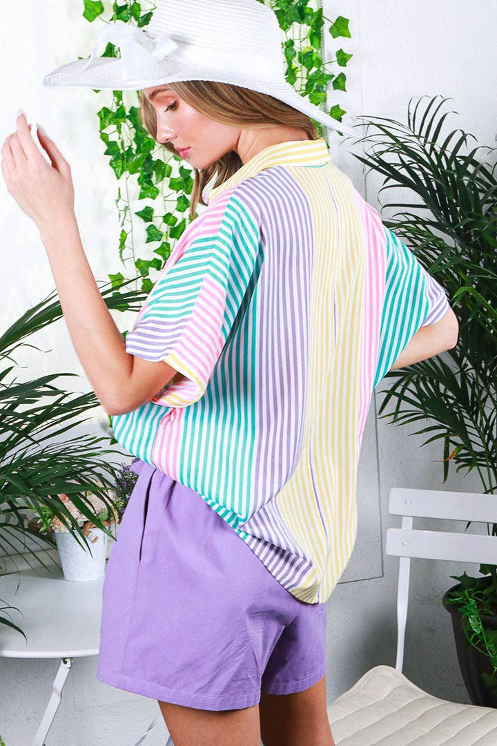 Collared Neck Short Sleeve-Multi-Striped