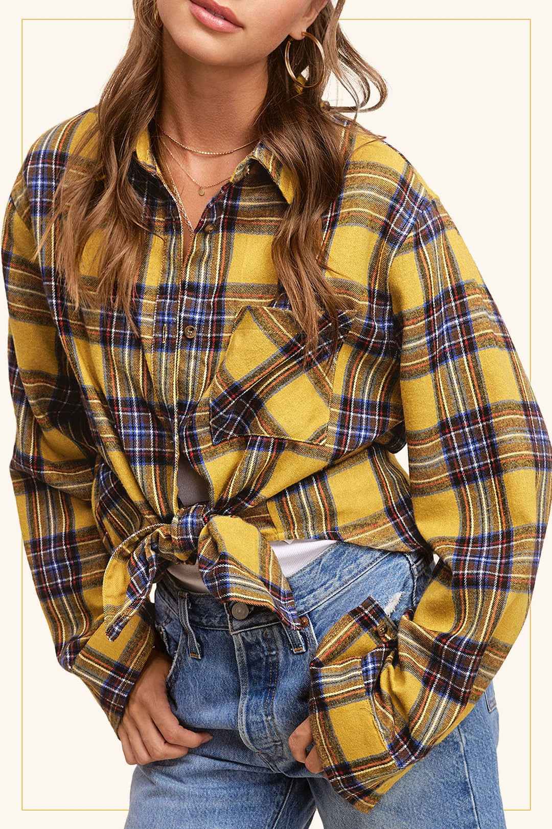 SRT7807-Soft Fabric Plaid Loose Fit Button Down Shirt