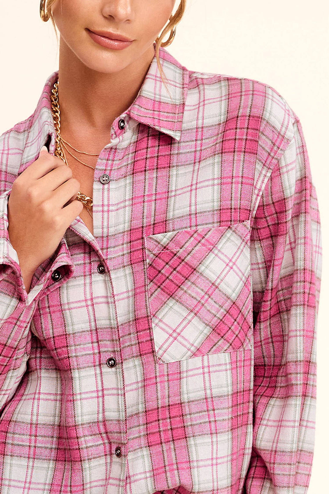 SRT1337-Soft Fabric Plaid Loose Fit Button Down Shirt