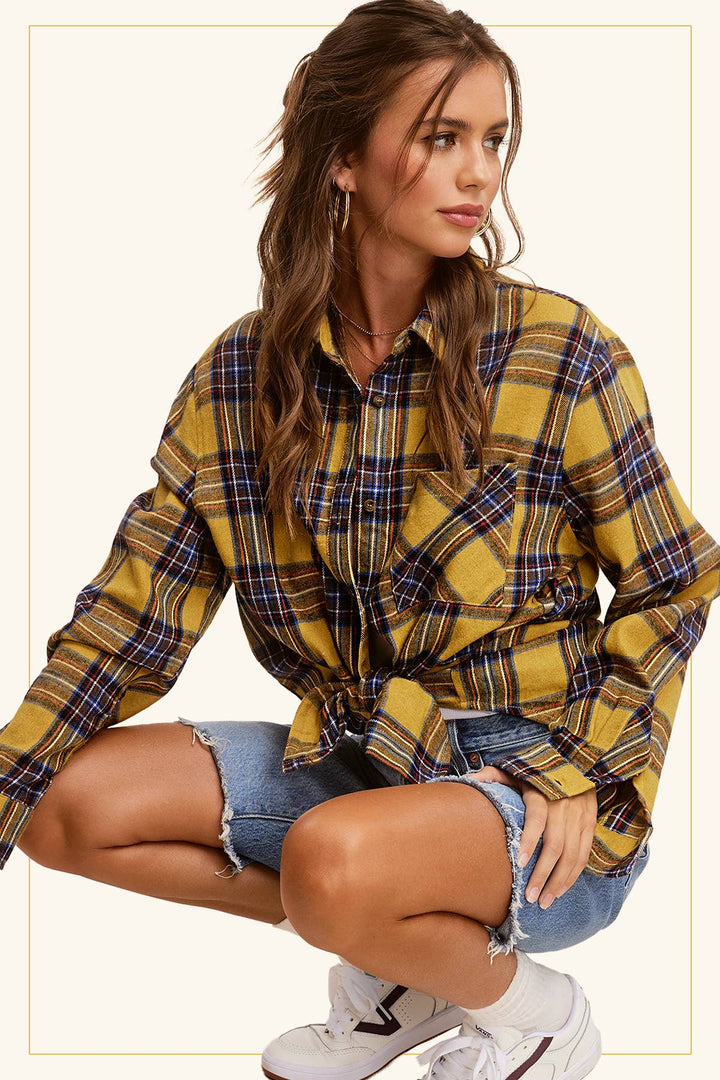 SRT7807-Soft Fabric Plaid Loose Fit Button Down Shirt