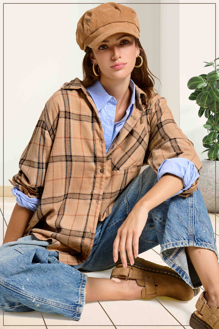 SRT1312-Soft Fabric Plaid Loose Fit Button Down Shirt-2 Color Options