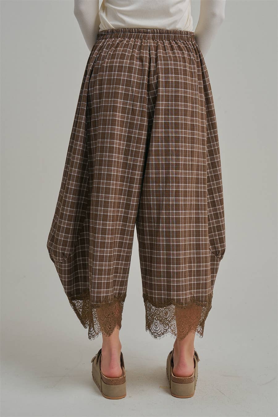 FLOWY FALL CHECK PLAID WIDE BALLOON LEG PANTS-Brown Check-Arrives first of October
