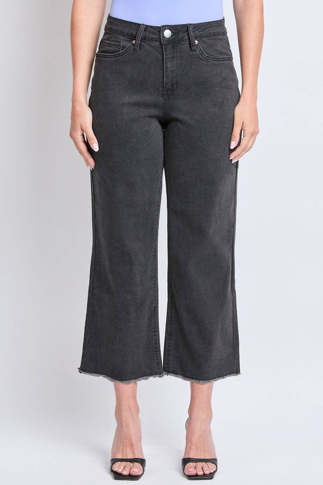 Black High Rise Wide Leg Crop Raw Hem Jean
