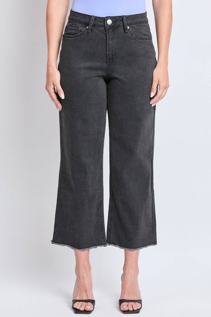 Black High Rise Wide Leg Crop Raw Hem Jean