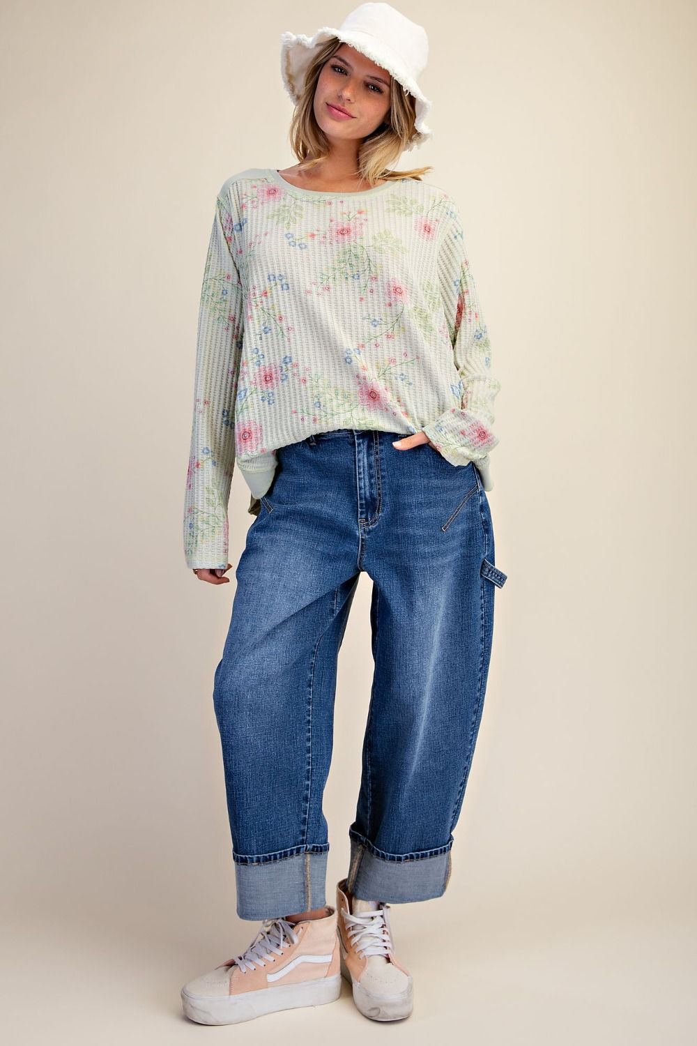 Enzyme Washed Stretch Denim Barrel Pants- Medium Wash
