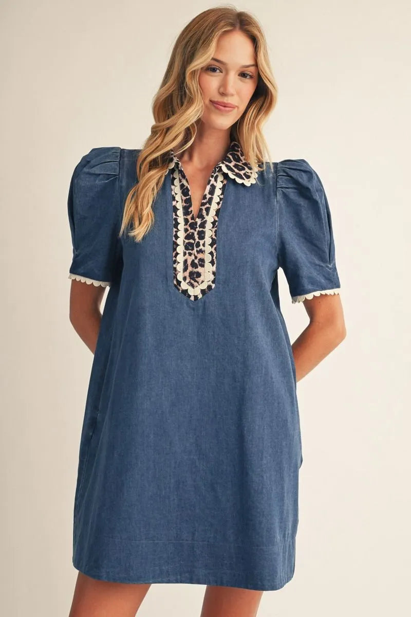 Denim Dress with Leopard Detail