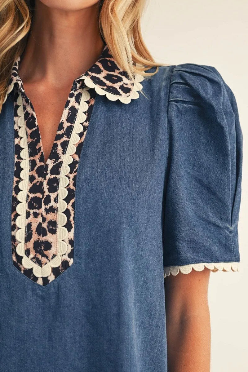 Denim Dress with Leopard Detail