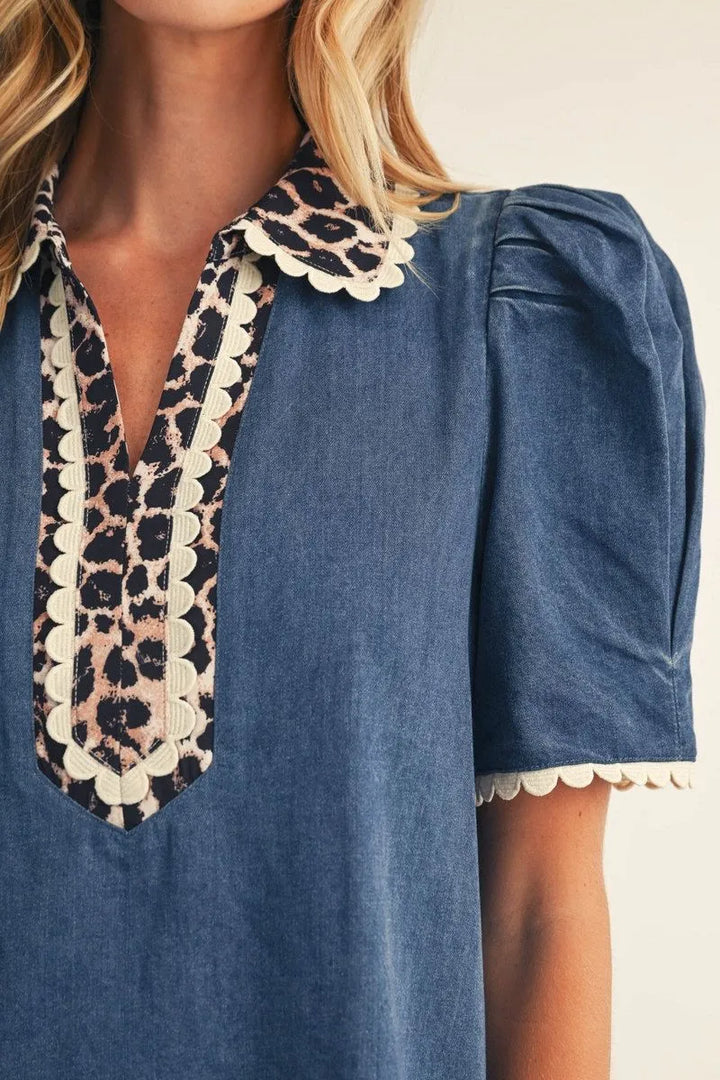 Denim Dress with Leopard Detail